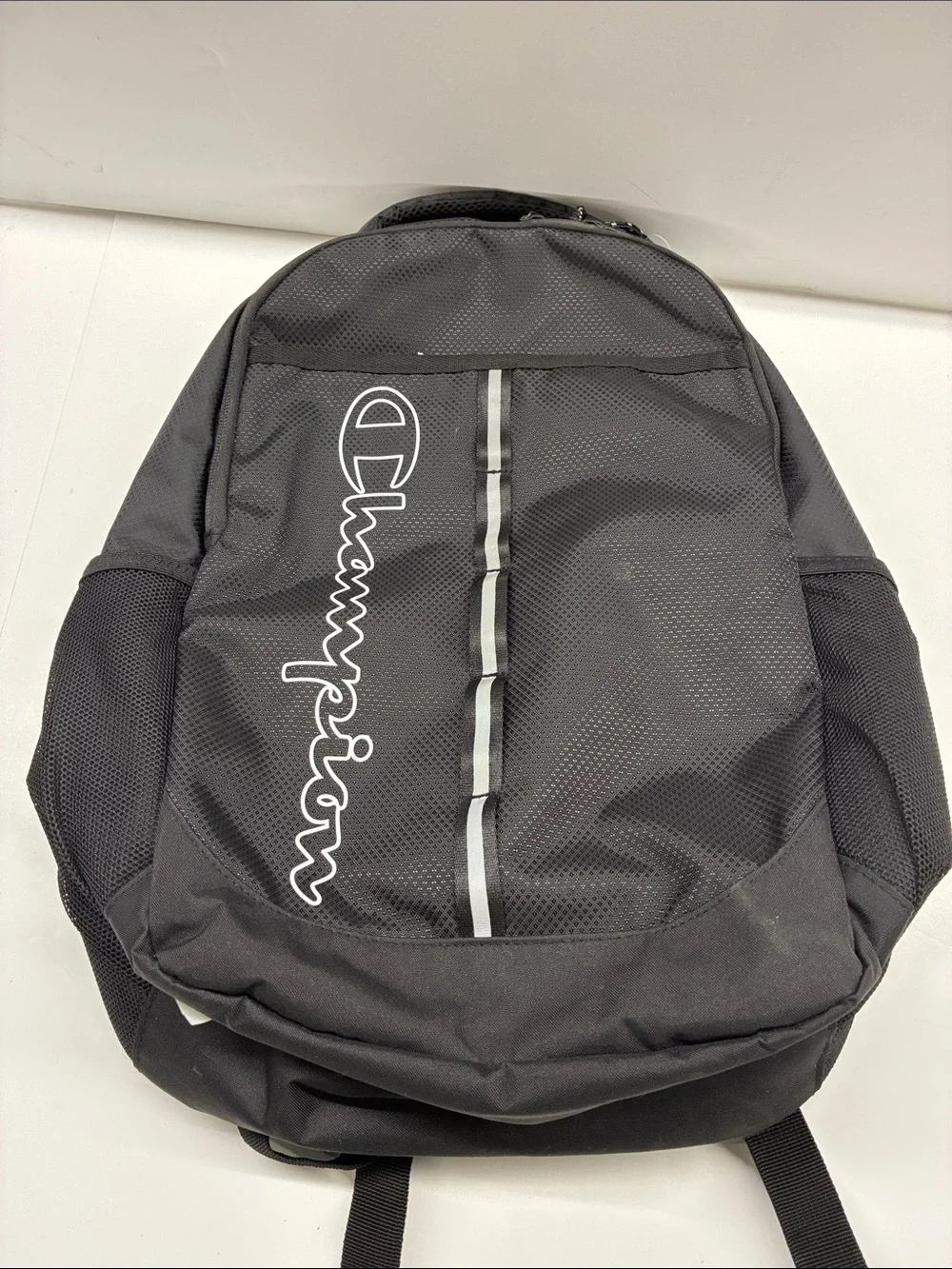 NEW Champion Black Backpack with Vertical Logo and Reflective Stripe